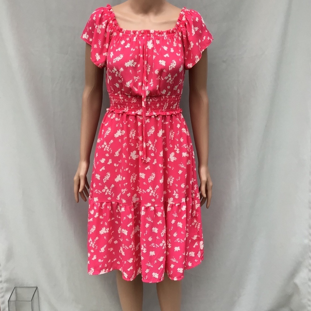 Jessica Simpson Coquette Prairie Dress Pink Floral Off Shoulder XS Tiered Summer